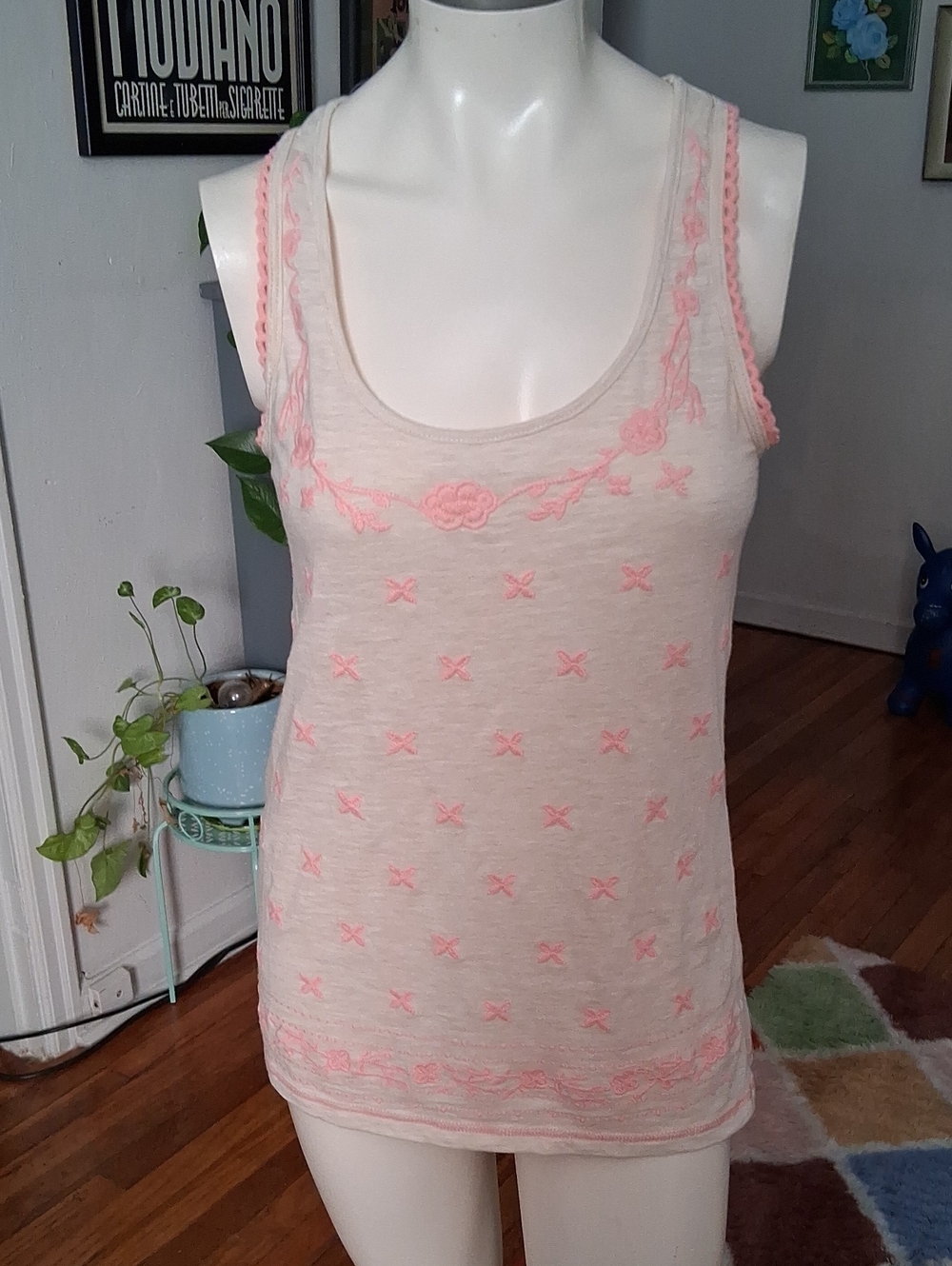 Poof! Cream Tank Top with Pink Embroidery